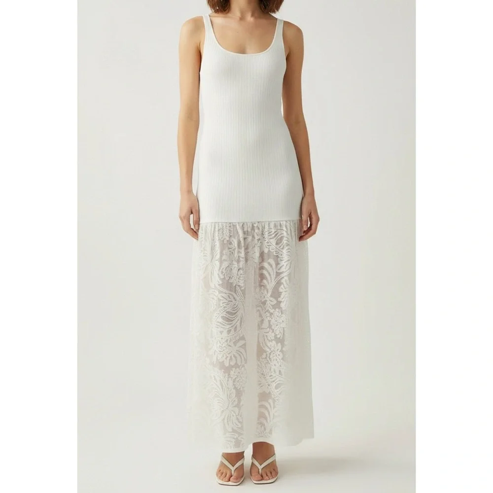 BEC & BRIDGE Rissa Ribbed Knit Dress W/ Mesh Lace Skirt, Ivory, Large - Picture 5 of 15